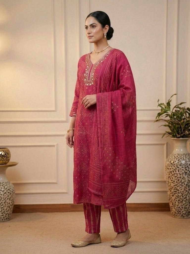 Bandhni stitched suit set side view -dye Bandhani dot pattern in vibrant multicolor on premium fabric