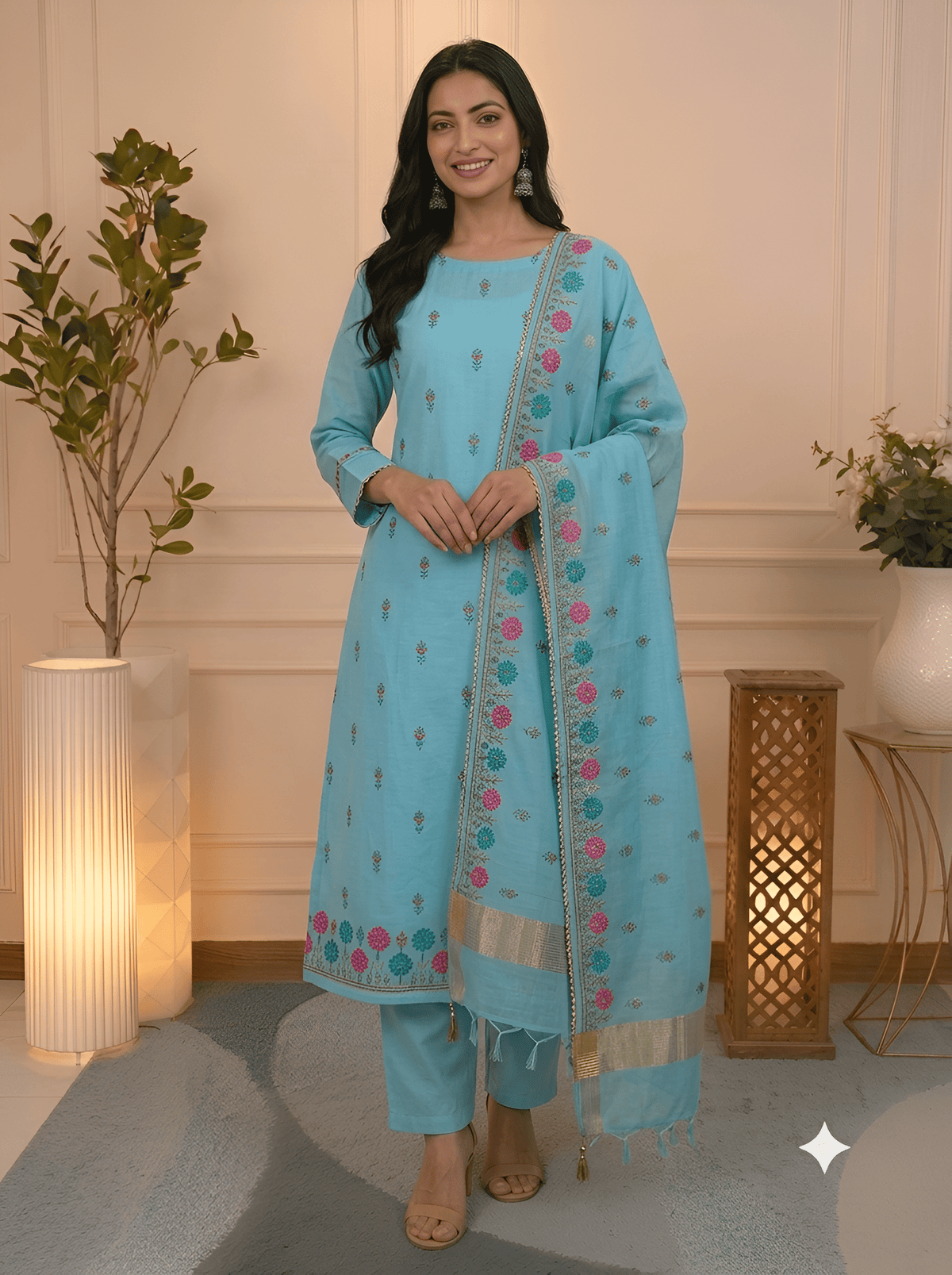 Model wearing Turquoise Blue Floral Booti Embroidery Cotton Silk unstitched suit set by Jiashaanti
