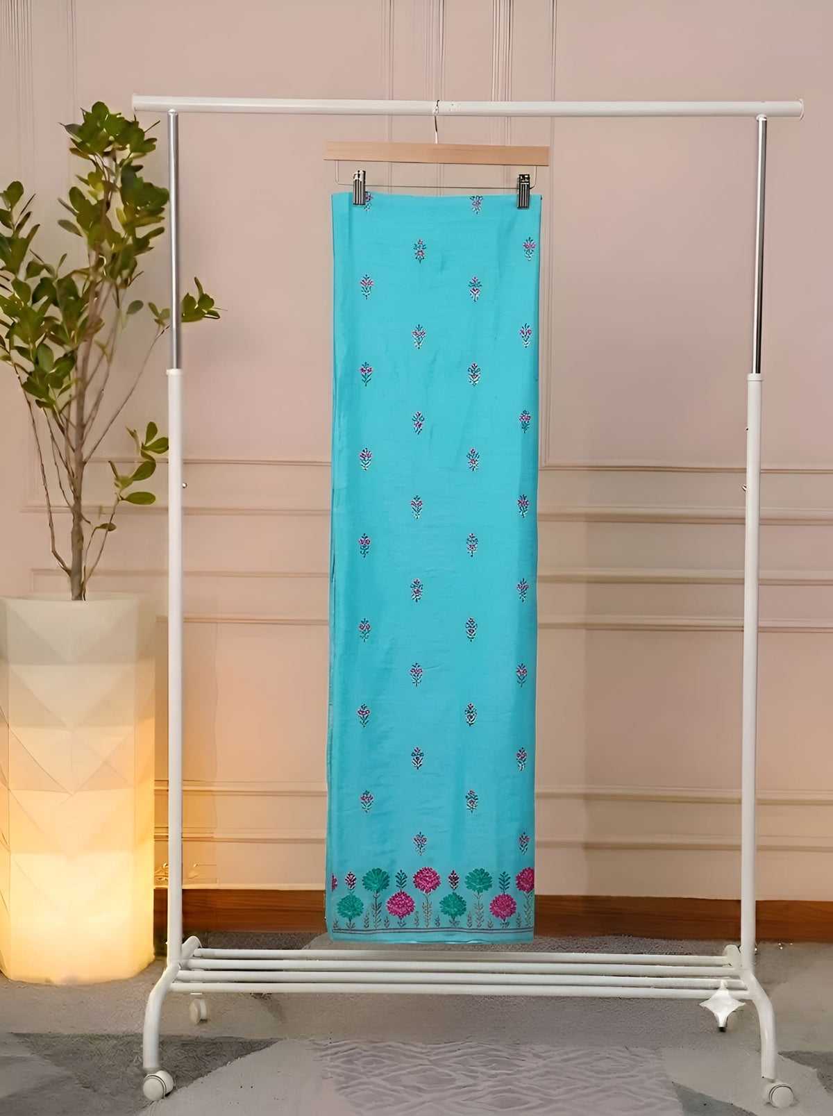  Close-up of Turquoise Blue floral embroidered Cotton Silk bottom fabric, unstitched suit set
