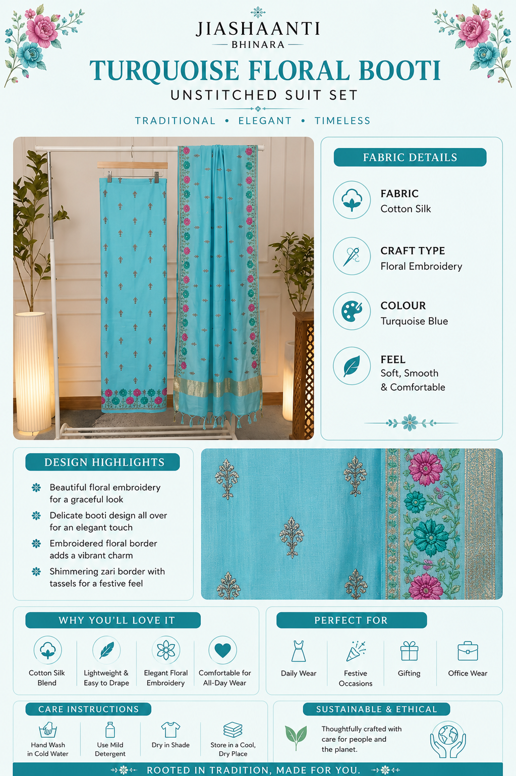Infographic showing fabric, craft and colour details of Turquoise Blue Floral Booti Embroidery Cotton Silk unstitched suit set by Jiashaanti
