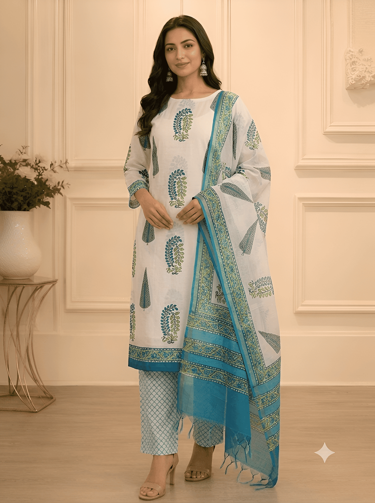 Turquoise Booti Cotton Unstitched Suit Set
