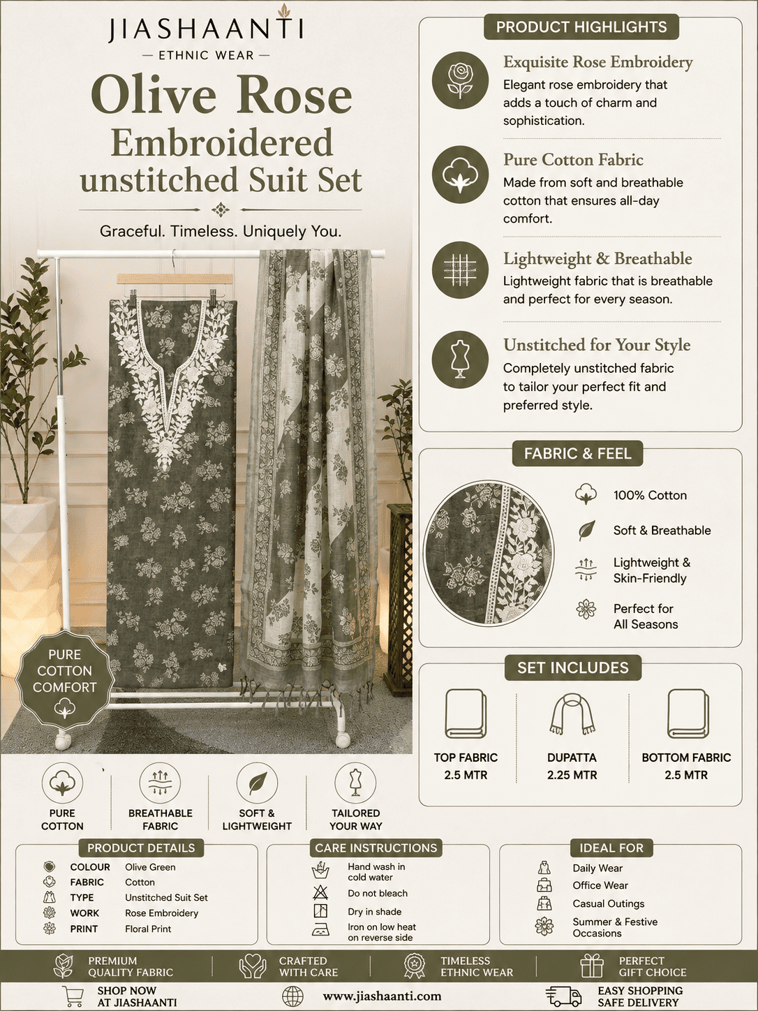 Olive Rose Embroidered unstitched suit detailed infographic
