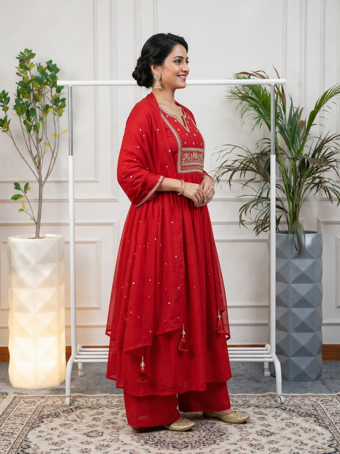 Ethereal Bloom Carmine Red Chanderi Suit Set with Floral Embroidery for Women