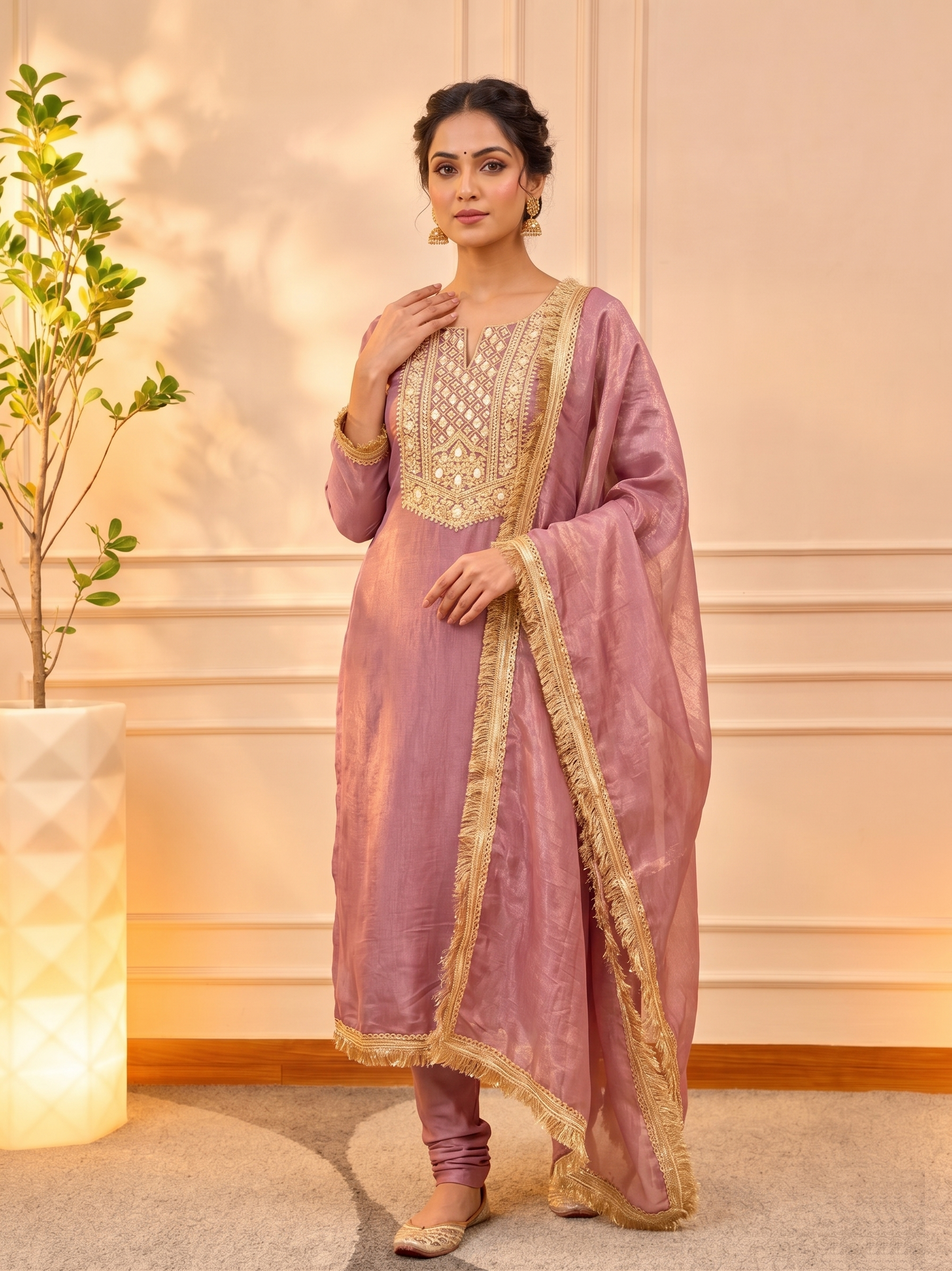 Elegant Mauve-Pink Tissue Chanderi Unstitched Suit Set