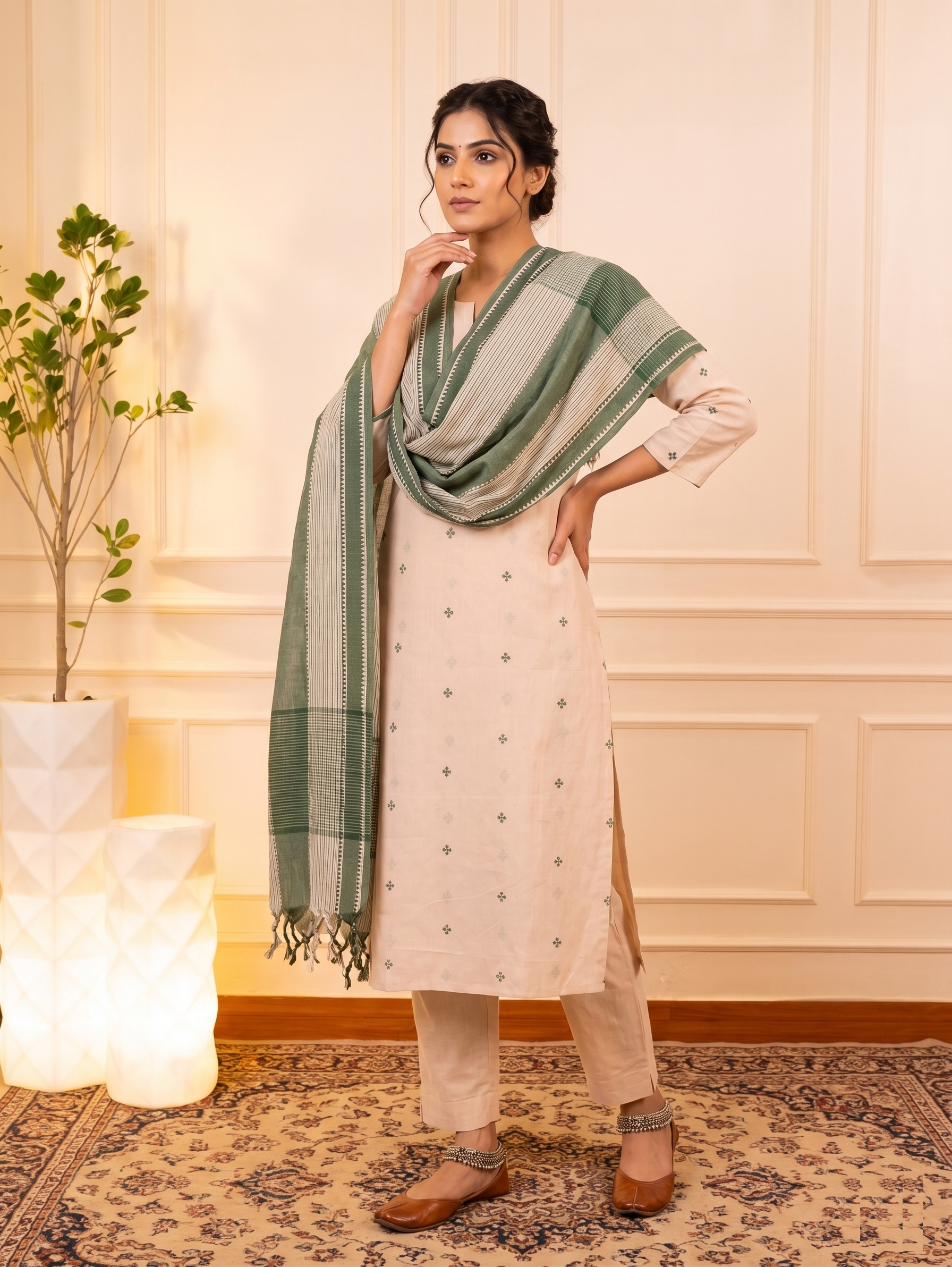 Handcrafted Pastel Beige & Sage Green Handloom Cotton Unstitched Suit Set