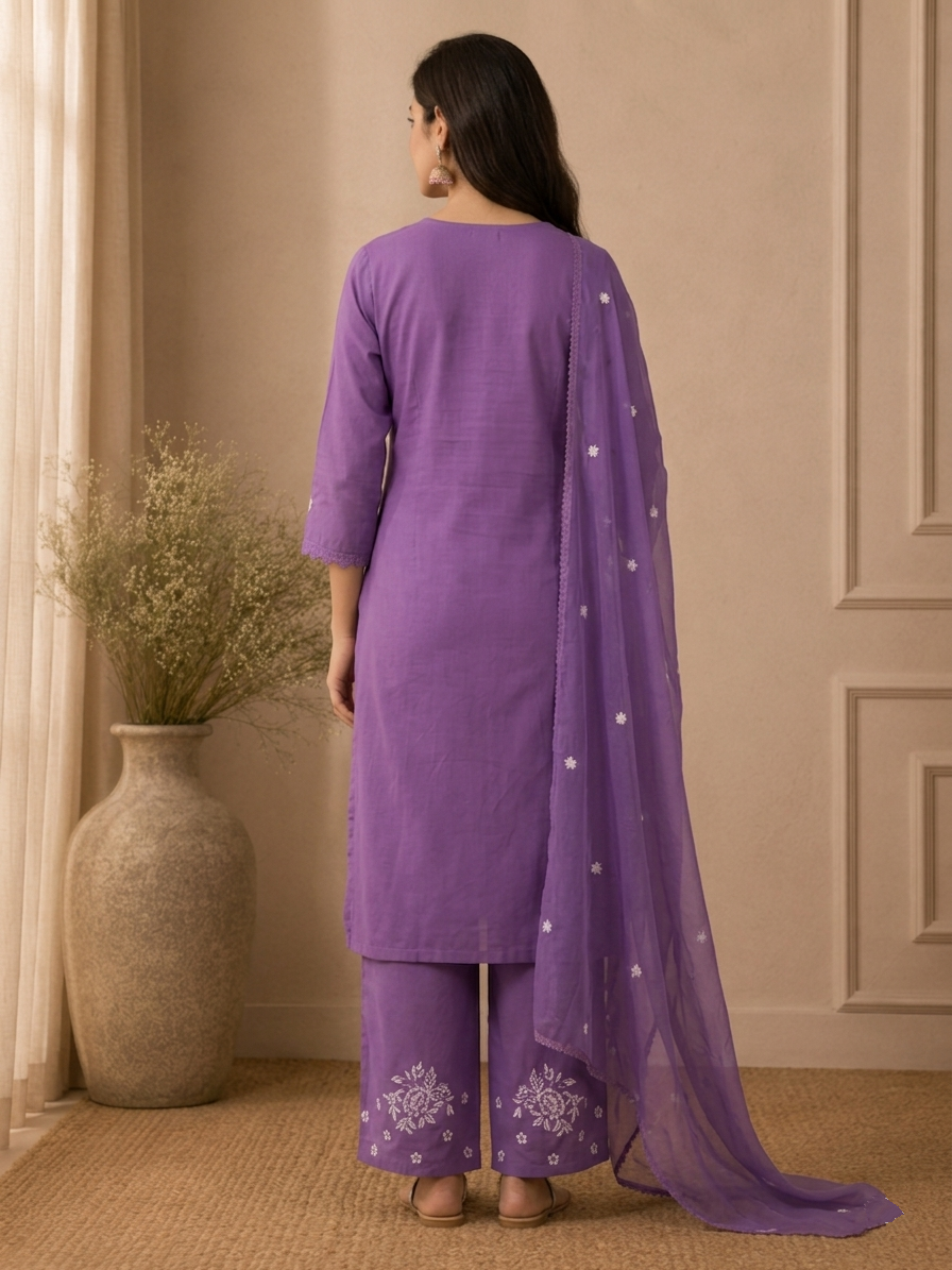 Purple Chikankari-Inspired Embroidered Suit Set