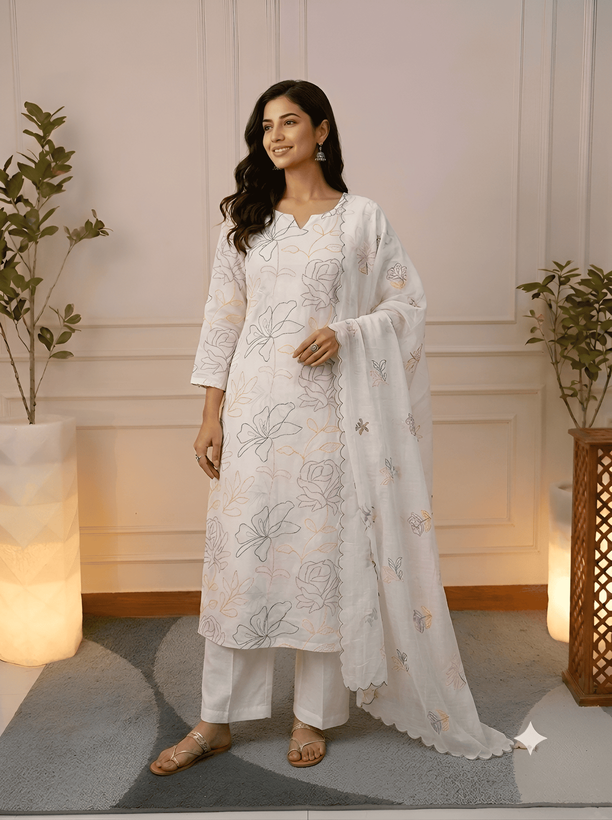  Model wearing White Floral Embroidered Cotton Unstitched Suit Set
