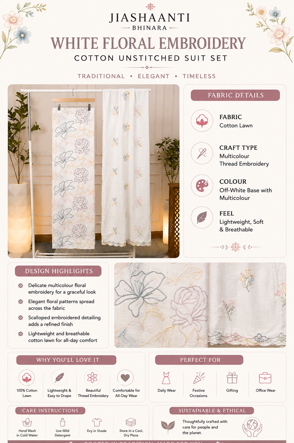 White Floral Embroidered Cotton Unstitched Suit Set Product Details Infographic
