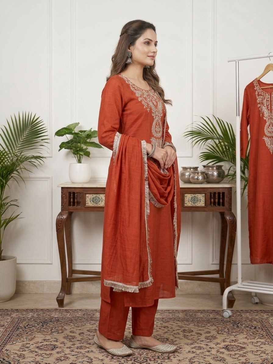 Sunkissed Heritage Amber Orange Embroidered Stitched Suit Set for Women