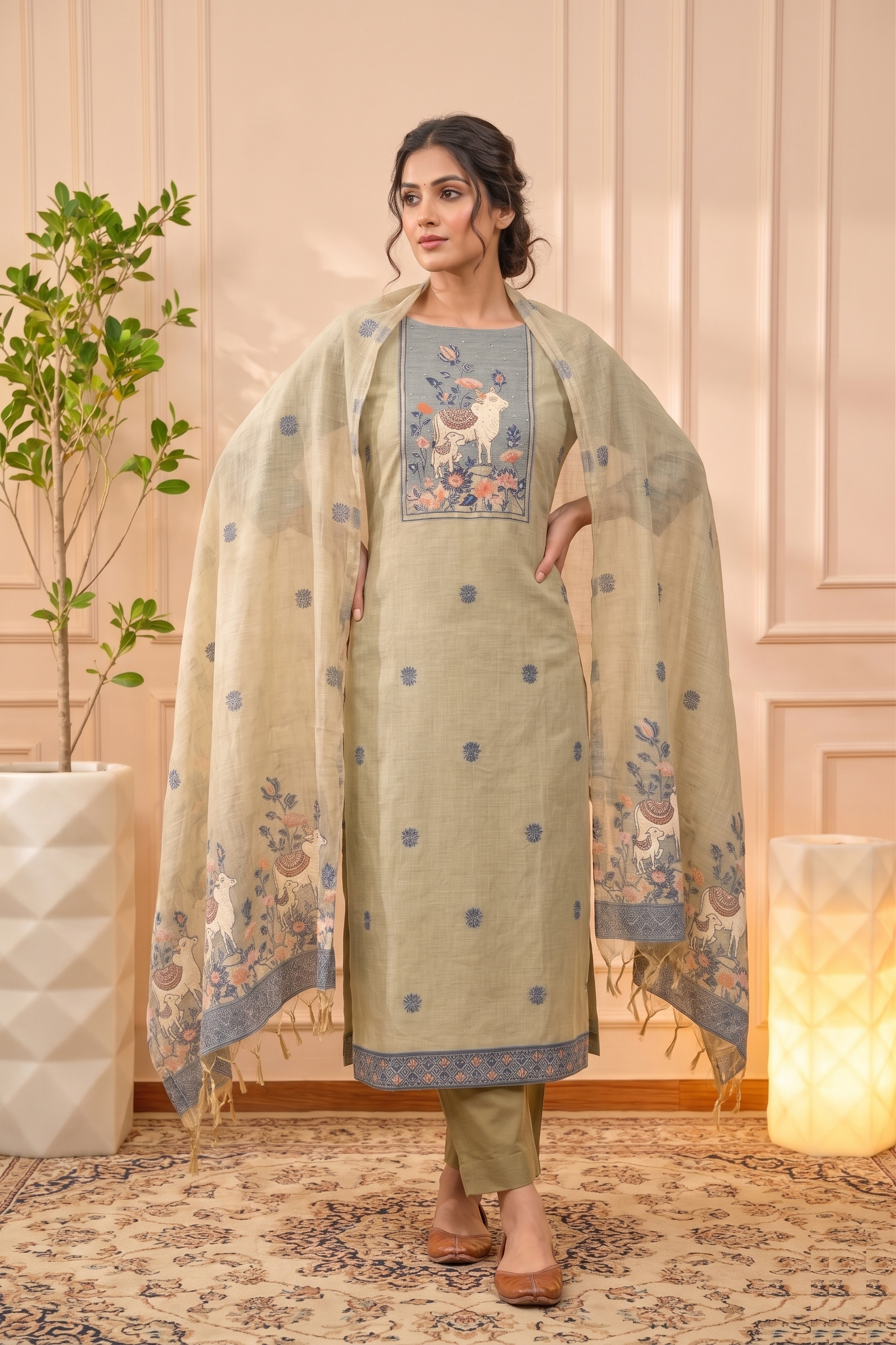 Pichwai-Inspired Sage Green Cotton-Silk Unstitched Suit Set
