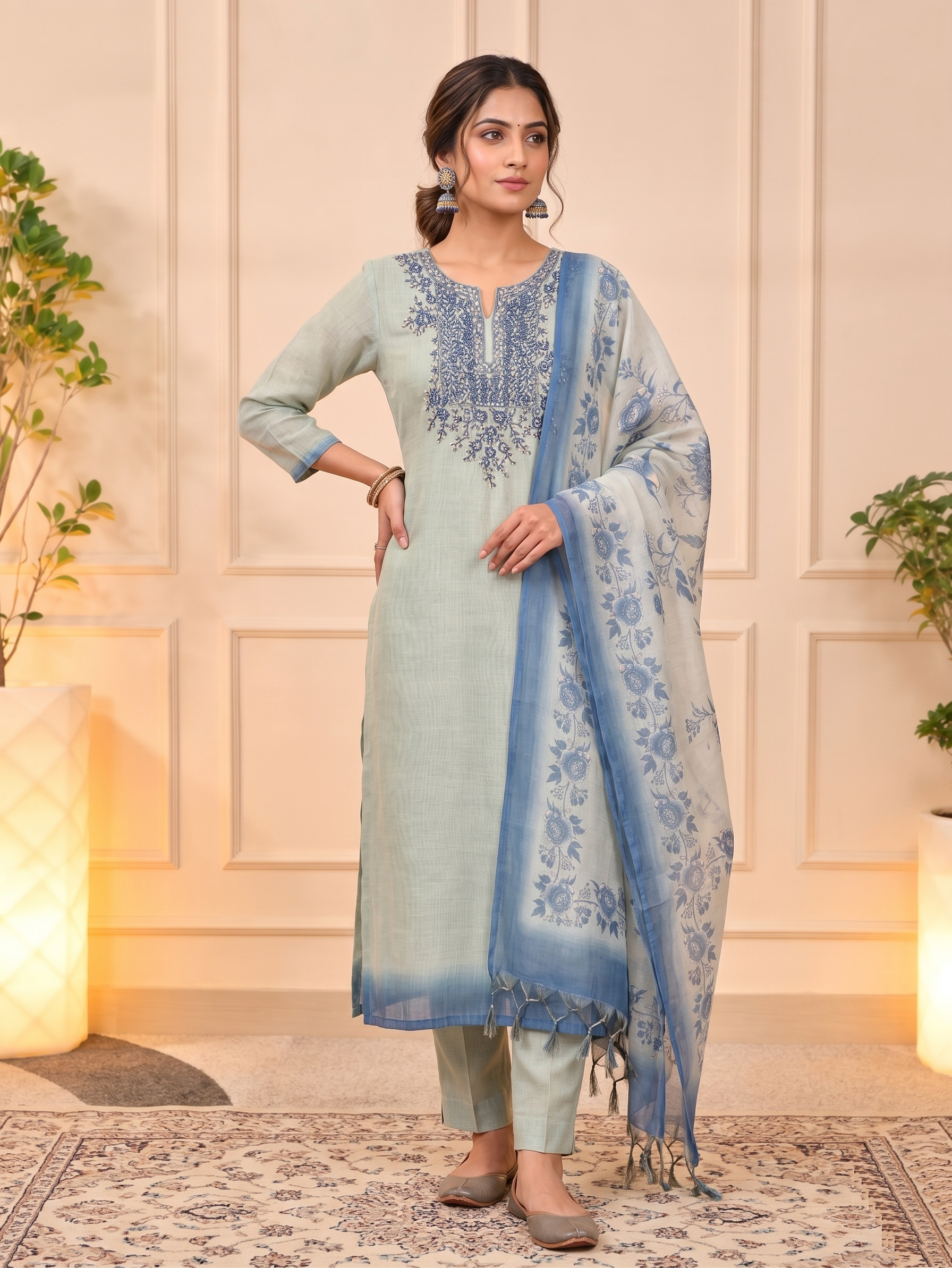 Serene Pastel Green & Blue Organza Unstitched Suit Set