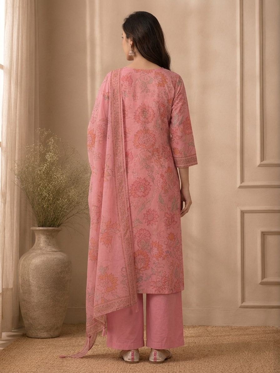 Blush Pink Floral Printed Cotton Suit Set