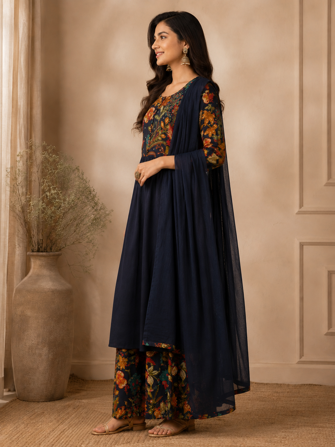 Midnight Navy Kalamkari Print Anarkali Suit Set