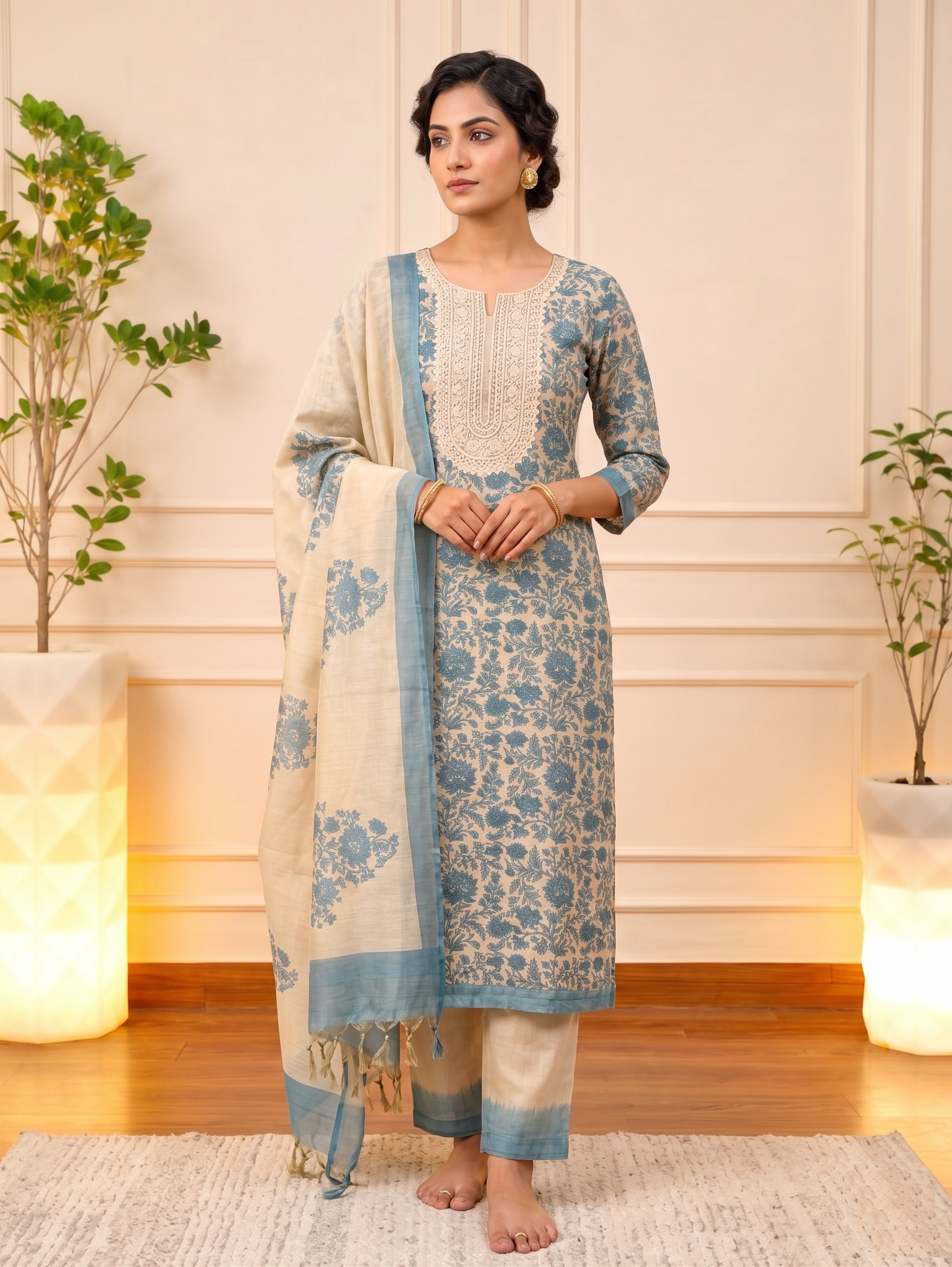 Elegant Ivory & Indigo Blue Chanderi Floral Unstitched Suit Set
