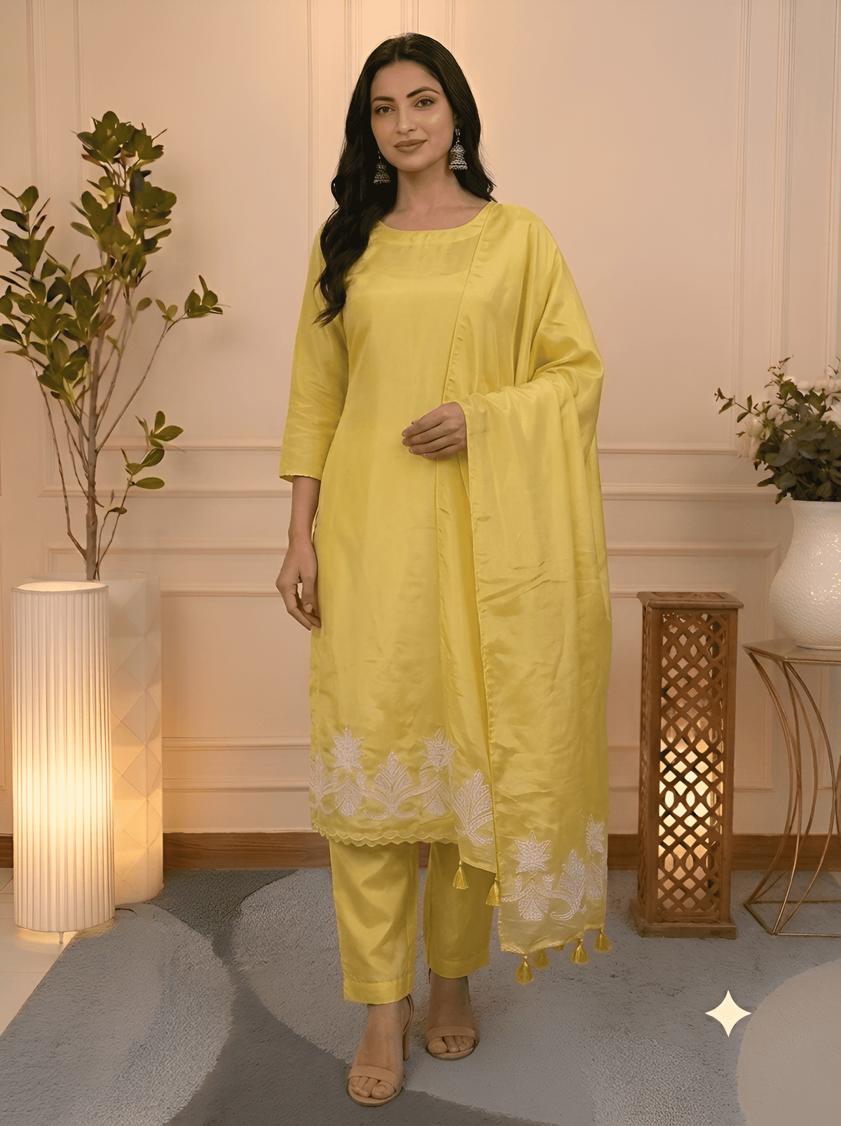Model wearing Yellow Cutwork Embroidery Silk unstitched suit set by Jiashaanti
