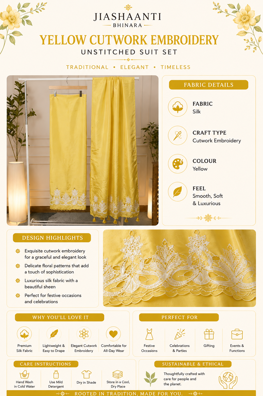  Infographic showing fabric, craft and colour details of Yellow Cutwork Embroidery Silk unstitched suit set by Jiashaanti
