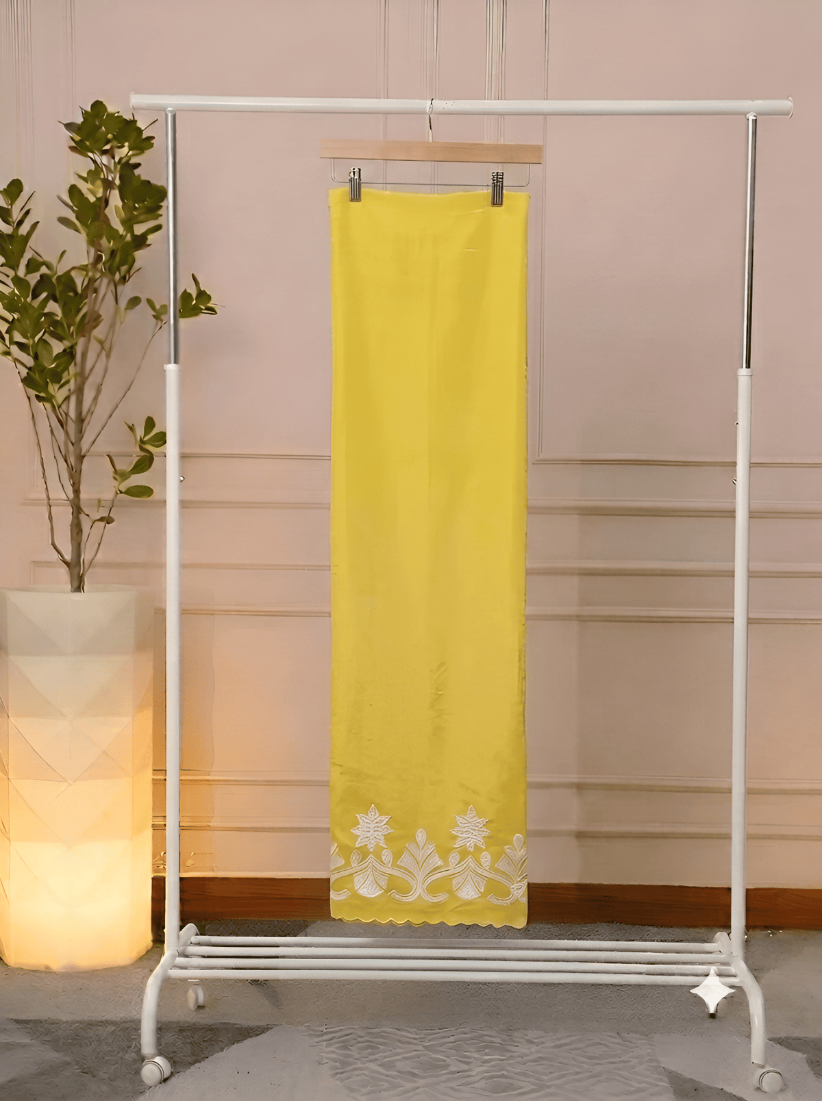  Close-up of Yellow plain Silk bottom fabric, unstitched suit set
