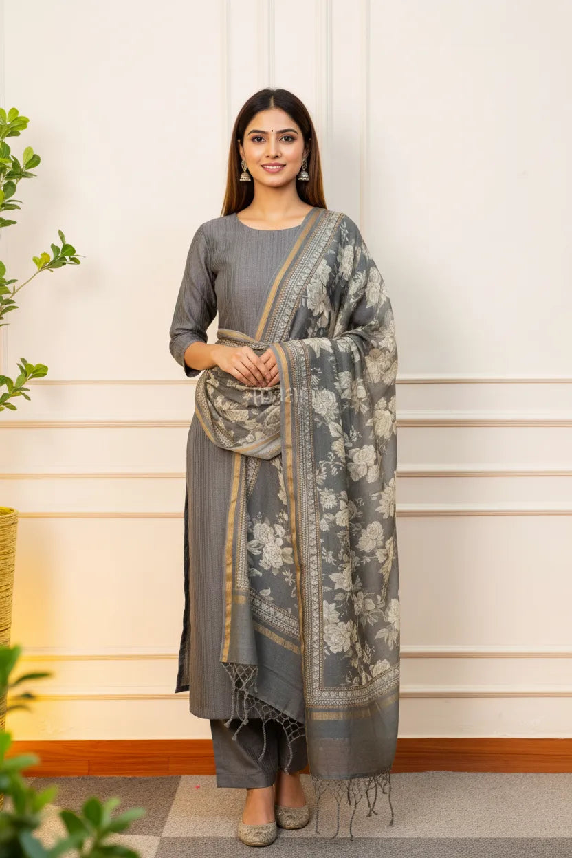 Elegant Gray Embroidered Suit Set