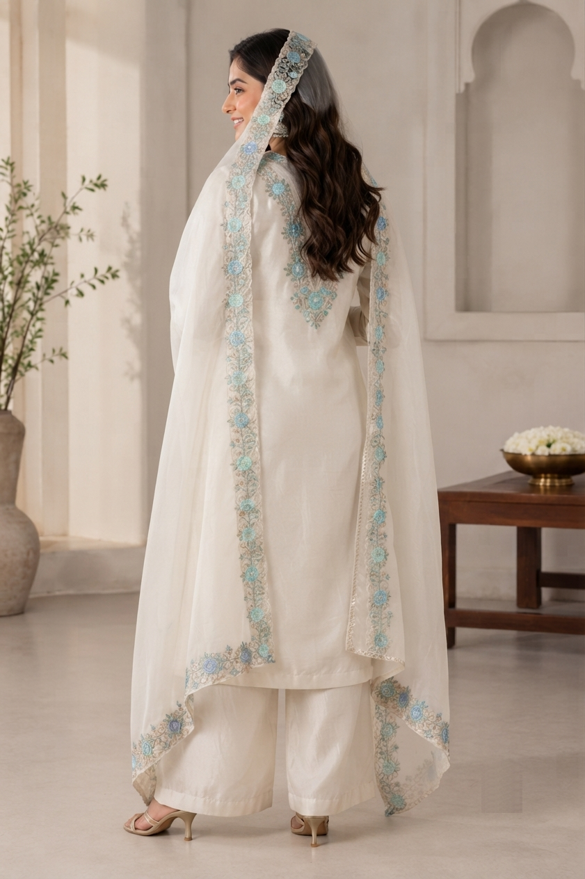 Ethereal Ivory Silk Floral Embroidered Kurta Set